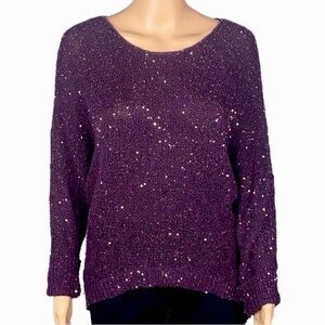 BISOU BISOU asymmetrical purple sweater with gold sequins throughout Medium EUC